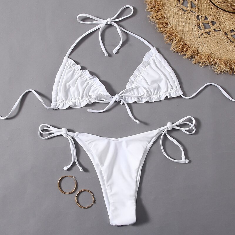 

Frill Trim Tie Side Bikini Swimsuit, White