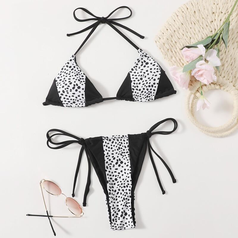 

Dalmatian Colorblock Tie Side Bikini Swimsuit, Black and white