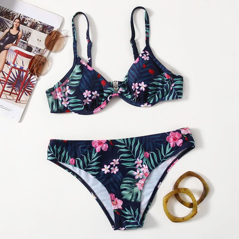

Floral & Leaf Print Underwire Bikini Swimsuit, Multicolor