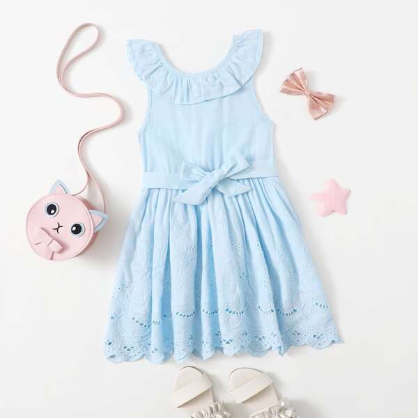 

Toddler Girls Contrast Schiffy Belted Dress, Baby blue