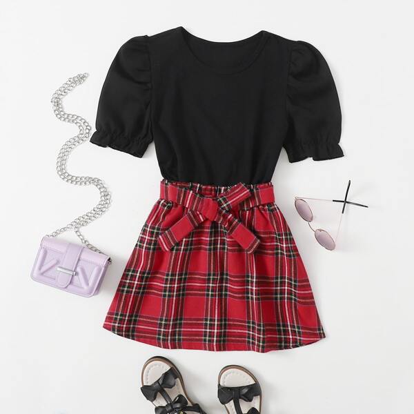 

Toddler Girls Puff Sleeve Tee With Tartan Plaid Belted Skirt, Multicolor