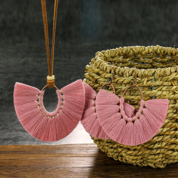 

Fringe Charm Necklace & Earrings, Pink