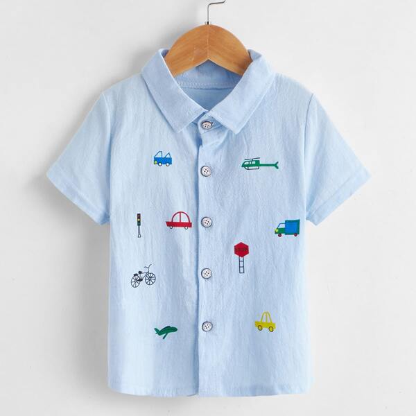 

Toddler Boys Button Front Car Print Shirt, Blue