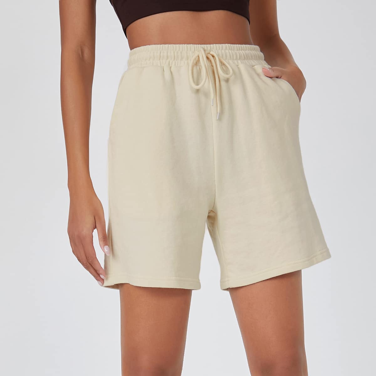 

Drawstring Pocket Solid Track Shorts, Beige