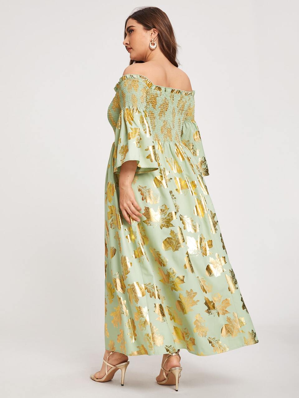Plus Off Shoulder Shirred Leaves Dress