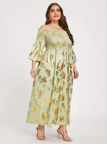 Al Najma 大碼露肩打褶樹葉洋裝