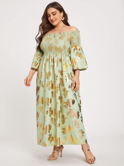 Al Najma Plus Off Shoulder Shirred Leaves Dress