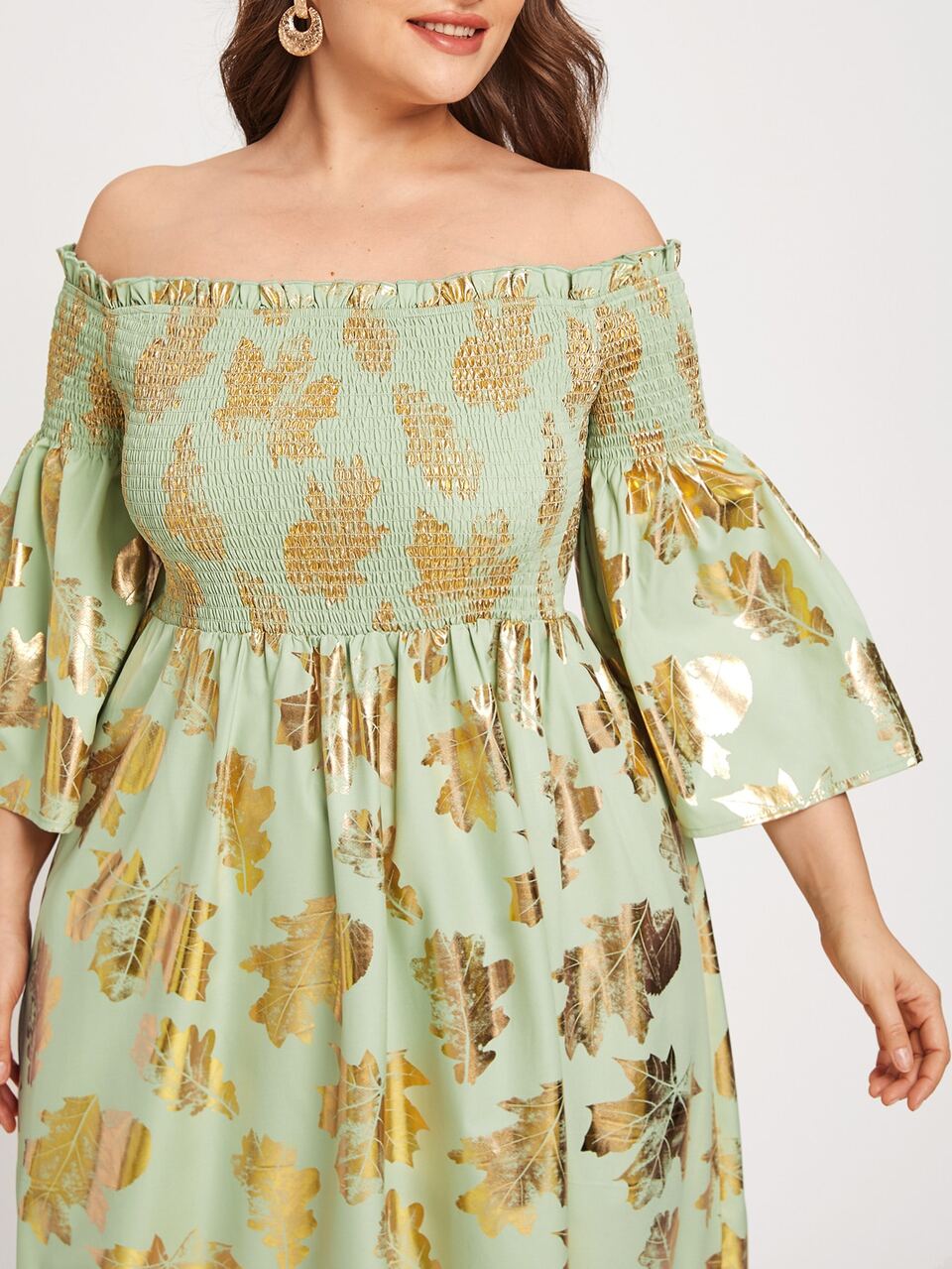 Plus Off Shoulder Shirred Leaves Dress