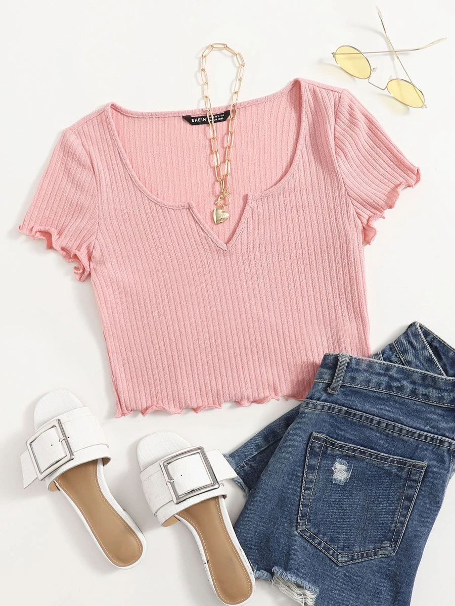 SHEIN Qutie Notch Neck Lettuce Edge Tee - Baby Pink - View 1
