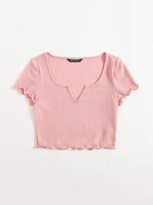 SHEIN Qutie Notch Neck Lettuce Edge Tee - Baby Pink - View 3