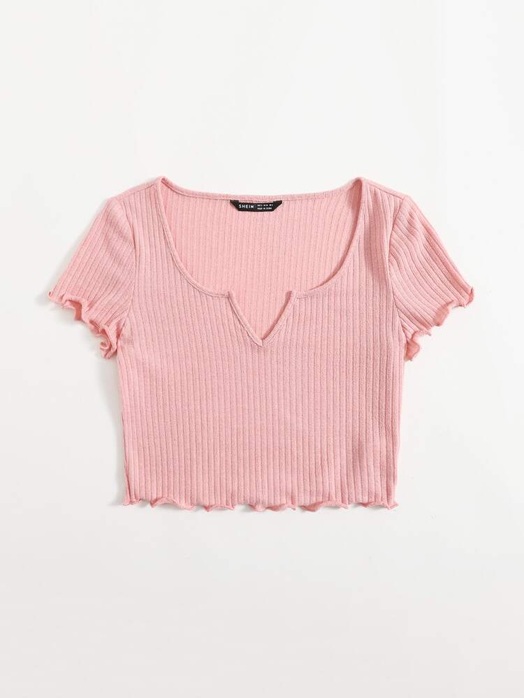 SHEIN Qutie Camiseta ribete en forma de lechuga de cuello V - Rosa Pálido - Añade 3