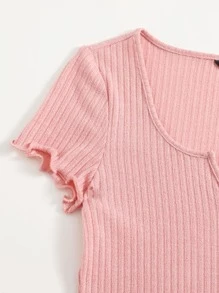 SHEIN Qutie Notch Neck Lettuce Edge Tee - Baby Pink - View 4