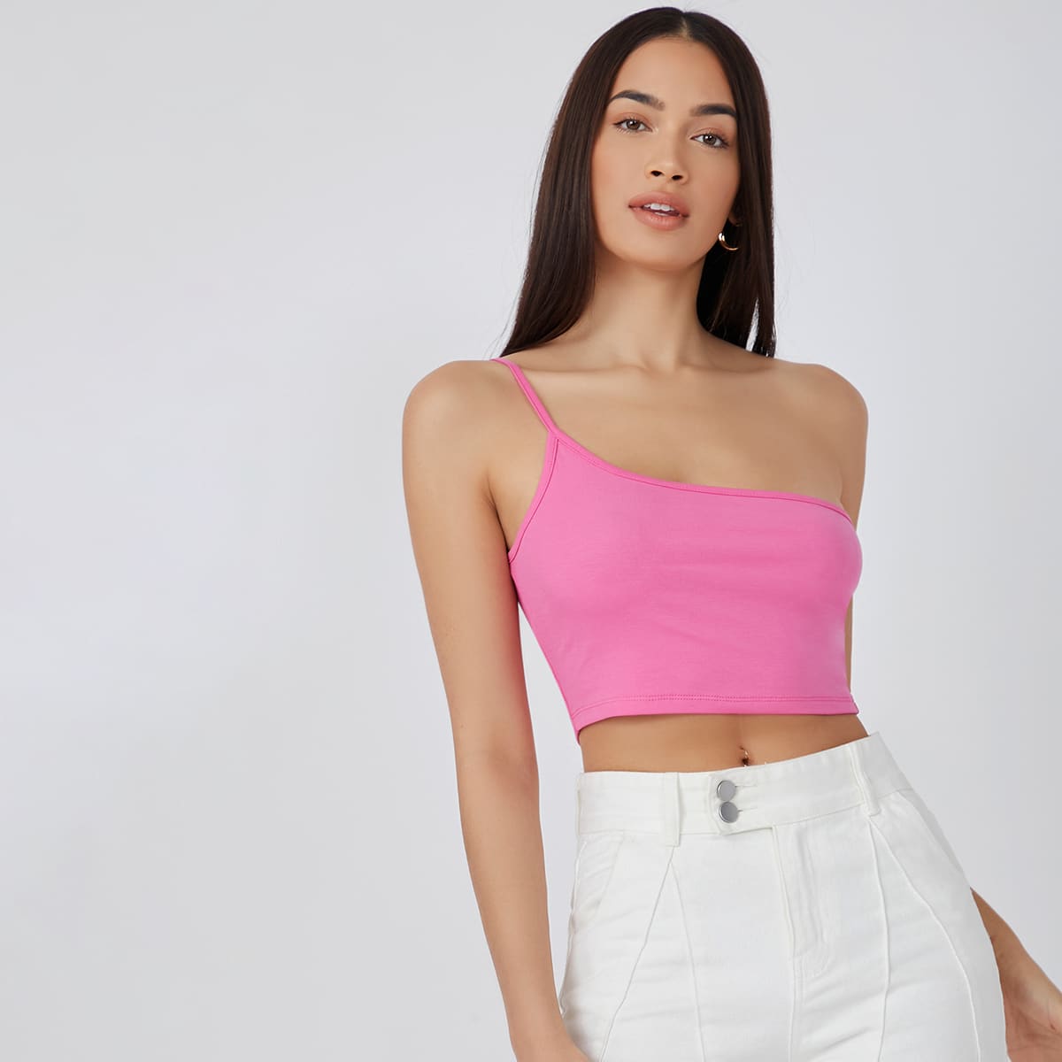 

Asymmetrical Neck Crop Top, Pink