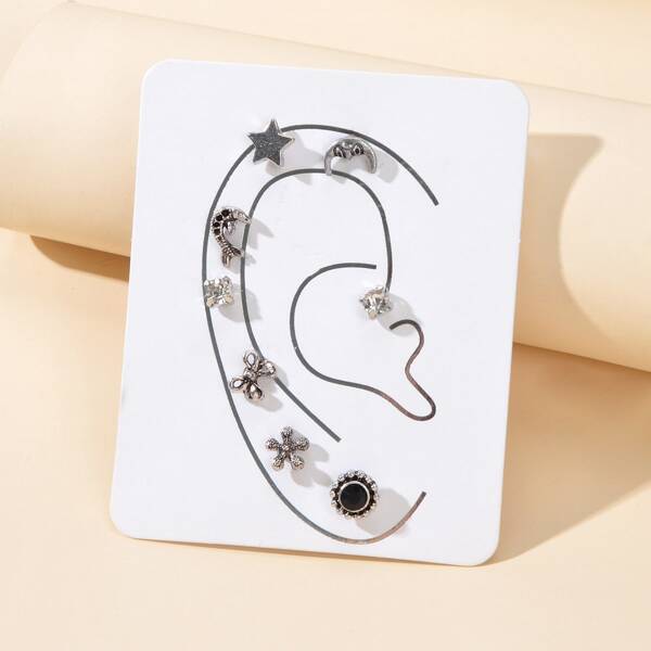 

8pcs Star & Flower Decor Earring, Silver