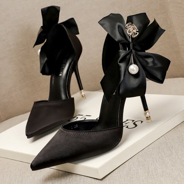 

Bow Decor High Heeled Satin Court Pumps, Black