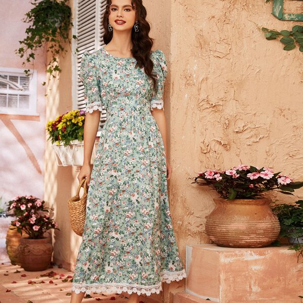 

Lace Panel Puff Sleeve Floral A-line Dress, Mint green
