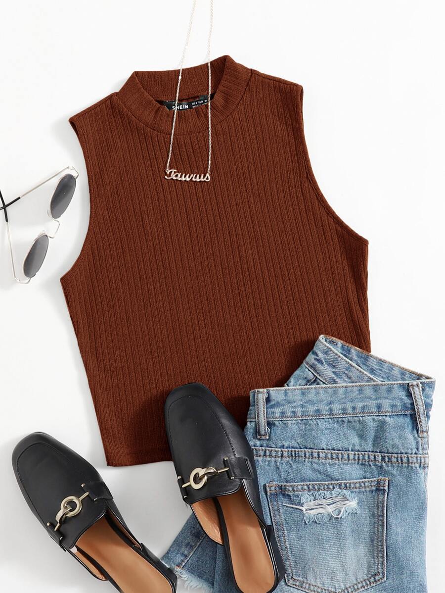 SHEIN EZwear Tank top polos bergaris pendek - Rust Brown - View 1