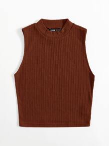 SHEIN EZwear Tank top polos bergaris pendek - Rust Brown - View 4