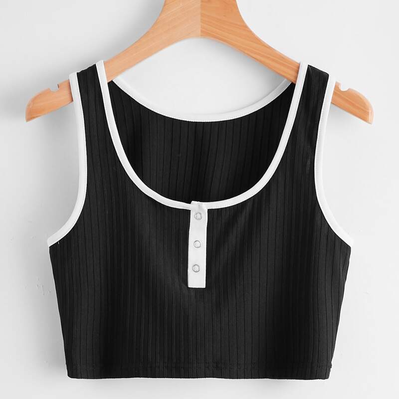 

Snap-Button Ribbed Tank Top, Black