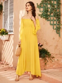 Seusyu 露肩打褶鐘形袖連衣裙 - 黃色 - 查看 3