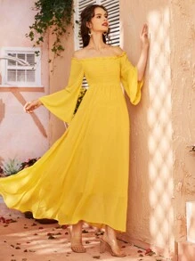 Seusyu 露肩打褶鐘形袖連衣裙 - 黃色 - 查看 5