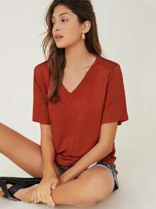 SHEIN BASICS V-neck Solid Tee - Burnt Orange - View 1