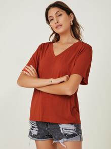 SHEIN BASICS V-neck Solid Tee - Burnt Orange - View 3