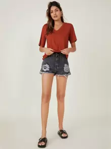 SHEIN BASICS V-neck Solid Tee - Burnt Orange - View 4