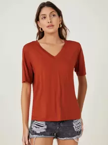 SHEIN BASICS V-neck Solid Tee - Burnt Orange - View 5