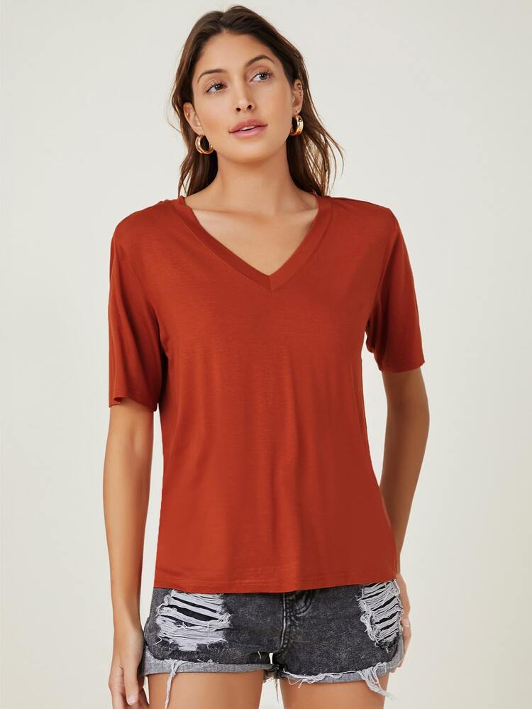 SHEIN BASICS Camiseta unicolor escote V - Naranja Quemada - Añade 5
