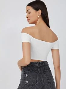 SHEIN BASICS 含棉一字肩素色短款T恤 - 白色 - 查看 2