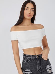 SHEIN BASICS 含棉一字肩素色短款T恤 - 白色 - 查看 3