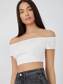 SHEIN BASICS 含棉一字肩素色短款T恤 - 白色 - 查看 4