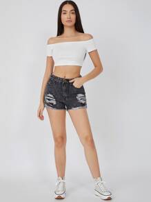 SHEIN BASICS 含棉一字肩素色短款T恤 - 白色 - 查看 5