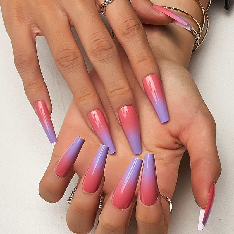 

24pcs Ombre Fake Nail & 1sheet Tape, Multicolor