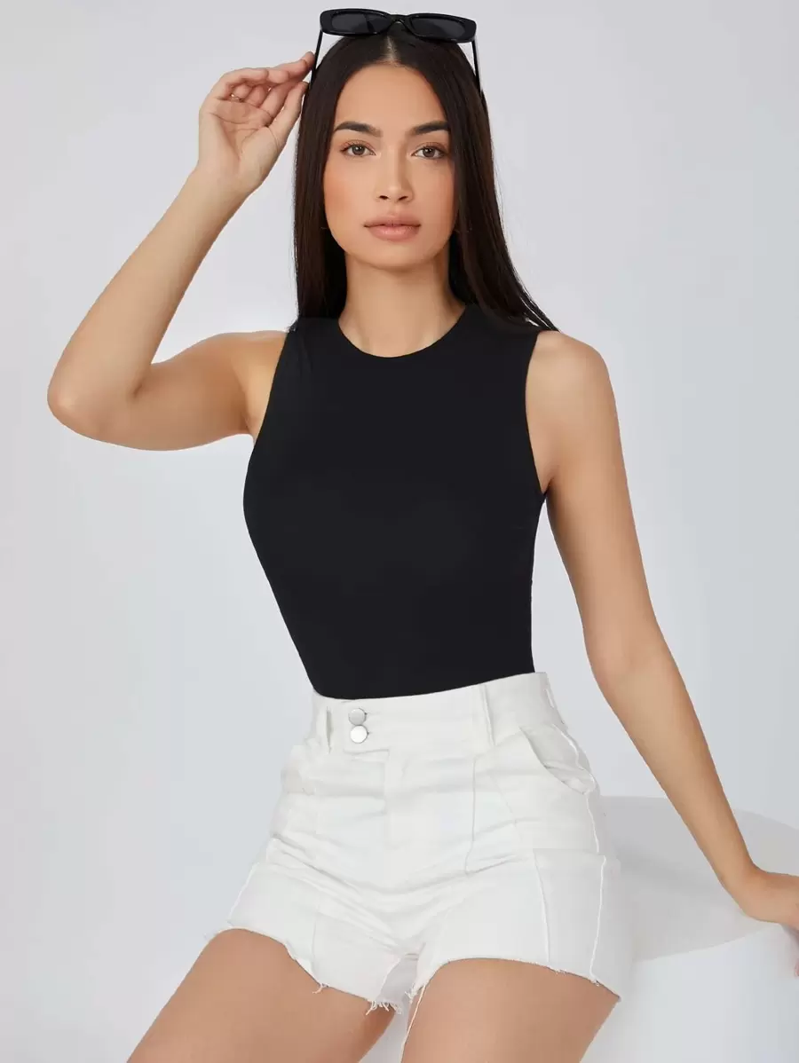 SHEIN BASICS Solid Form Fitted Tank Bodysuit/Summer - Black - View 1