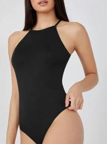 SHEIN BASICS 素色繞頸連體衣 - 黑色 - 查看 4