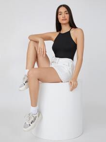 SHEIN BASICS 素色繞頸連體衣 - 黑色 - 查看 6