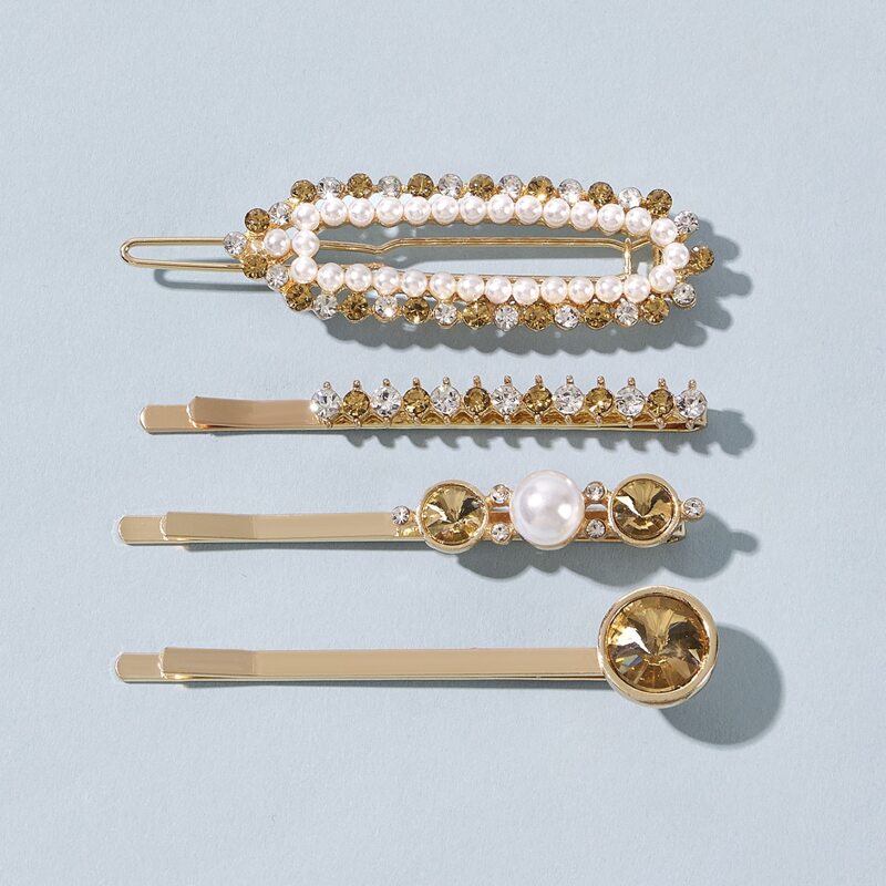 

4pcs Rhinestone & Faux Pearl Hair Clip, Gold