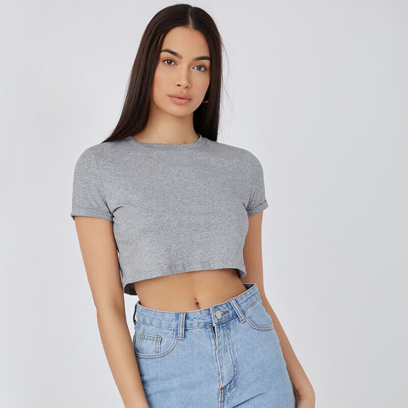 

Cuffed Sleeve Solid Crop Tee, Grey