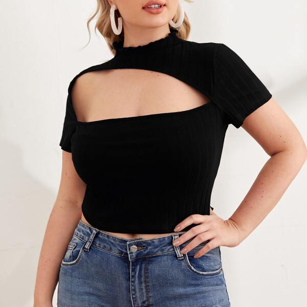 

Plus Mock-Neck Cut Out Front Rib-knit Top, Black