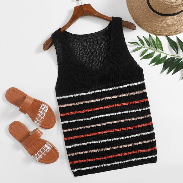 

Striped V-Neck Knit Top, Black