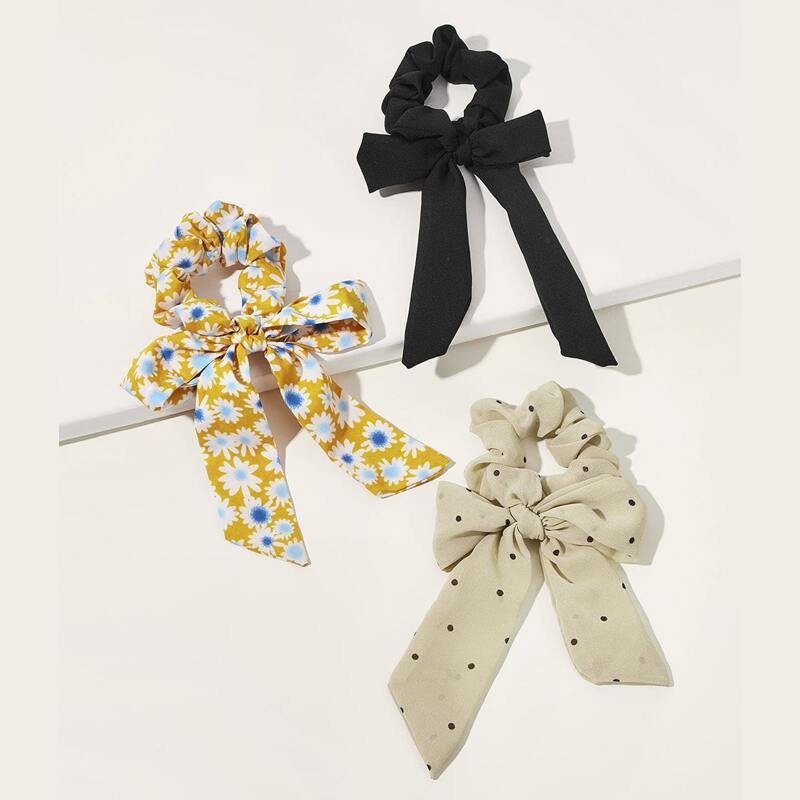 

3pcs Floral & Polka Dot Scrunchie Scarf, Multicolor