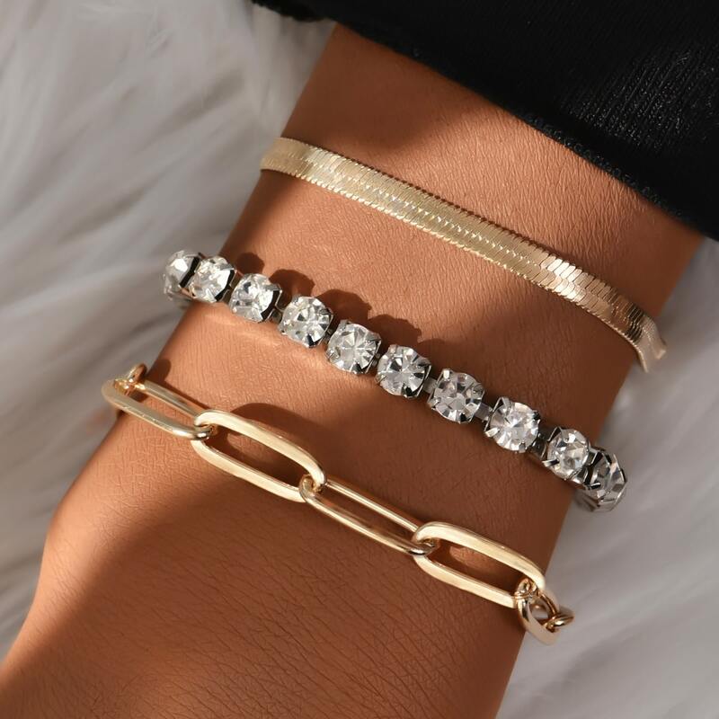 

3pcs Rhinestone Decor Bracelet, Multicolor