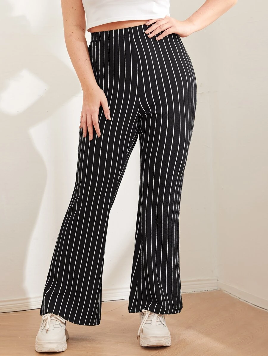 SHEIN EZwear Plus Flare Leg Striped Trousers - Black and White - View 1