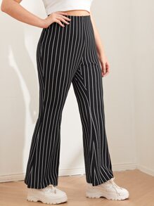 SHEIN EZwear Plus Flare Leg Striped Trousers - Black and White - View 5