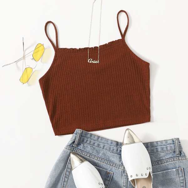 

Frill Trim Rib-knit Crop Cami Top, Brown