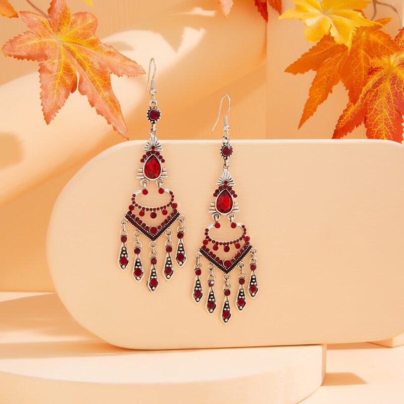 

Rhinestone Tassel Drop Earrings, Red
