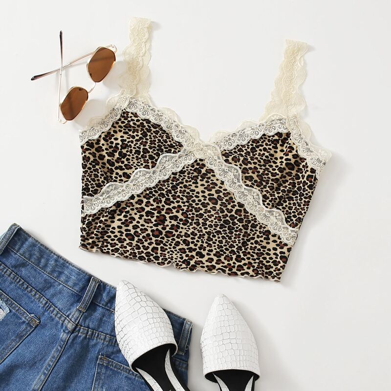 

Lace Trim Leopard Cami Top, Multicolor