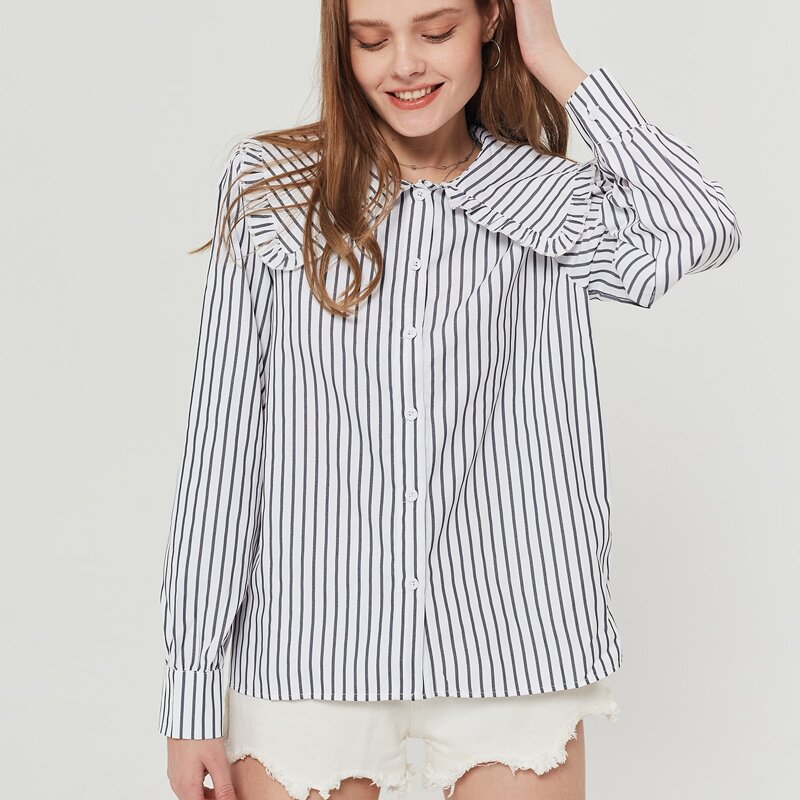 

Frill Trim Statement Collar Striped Blouse, Black and white